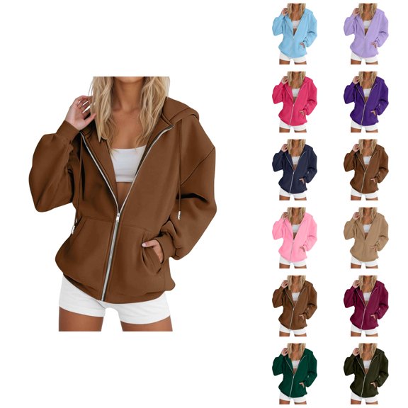 Zip Up Plain Hoodie for Women 2025 Casual Long Sleeve Solid Color Hooded Sweatshirt with Pockets Jacket Coat
