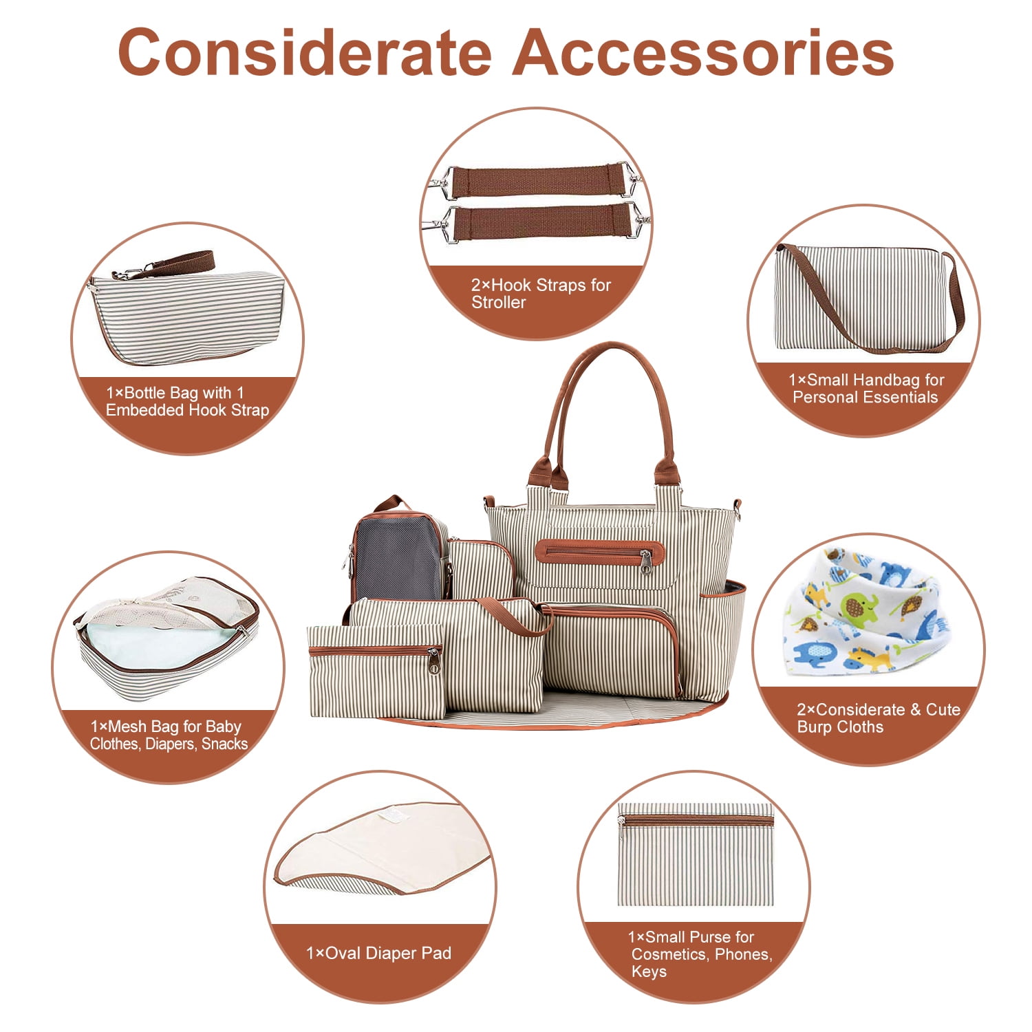 8Pcs Baby Nappy Diaper Bags  Large Multifunctional Nappy Diaper Bags Set Diaper Pad Burp Cloths Khaki