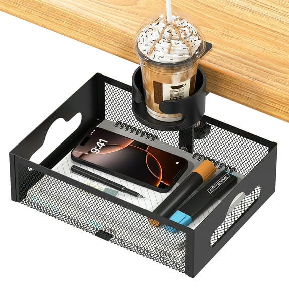 Bemico 360°Rotation Under Desk Drawer Organizer with Cup Holder, Clamp-On Metal Large Under Table Storage Slide Out Caddy Drawer for Home & Office, Black