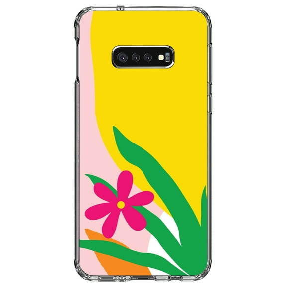 DistinctInk Clear Shockproof Hybrid Case for Samsung Galaxy S10e (5.8" Screen) - TPU Bumper, Acrylic Back, Tempered Glass Screen Protector - Summer Vibes Bold Flower Pink Green Yellow