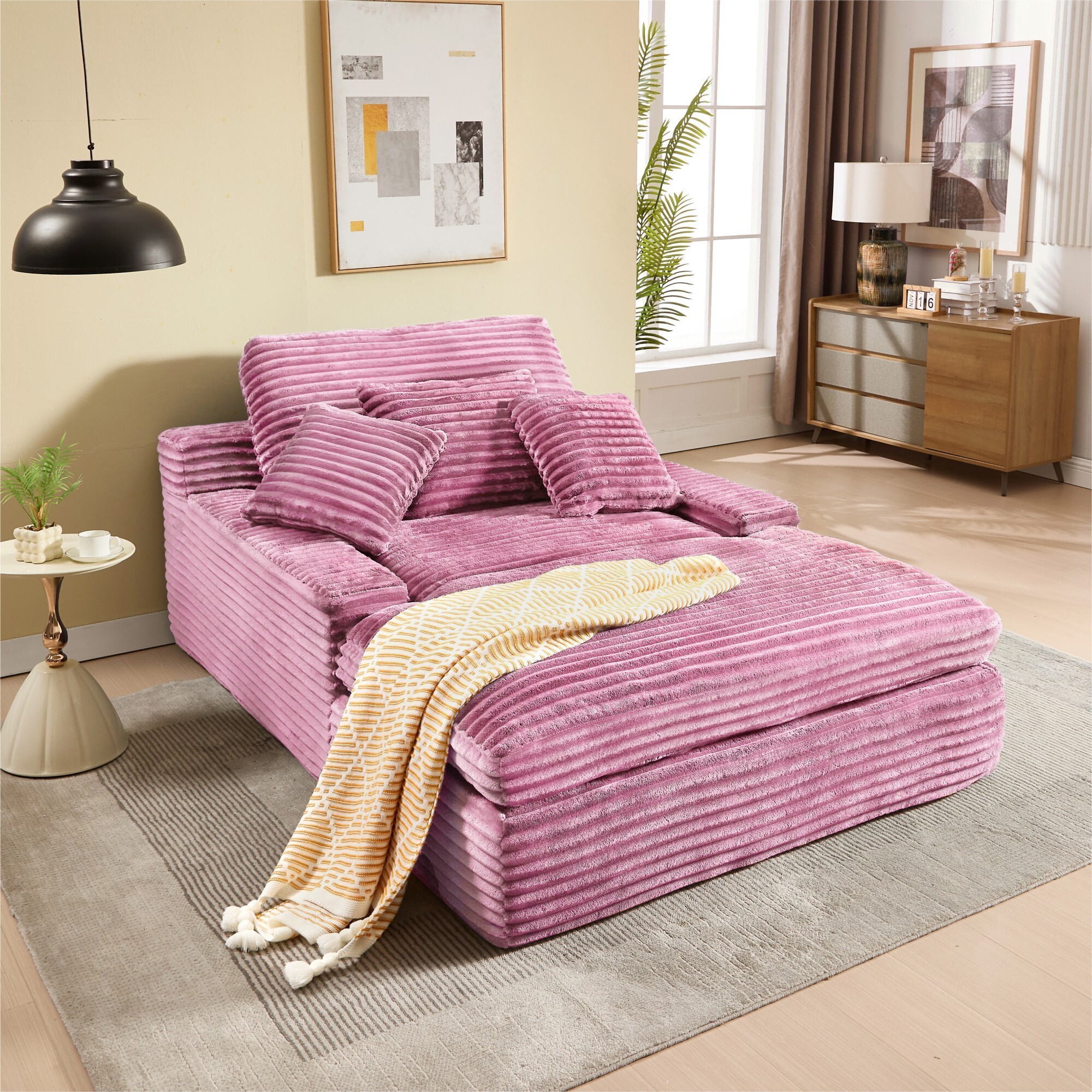 DEALTOPS Oversized Corduroy Chaise Lounge Sofa, 75.2" Upholstered Couch with Pillows for Living Room & Bedroom, Pink
