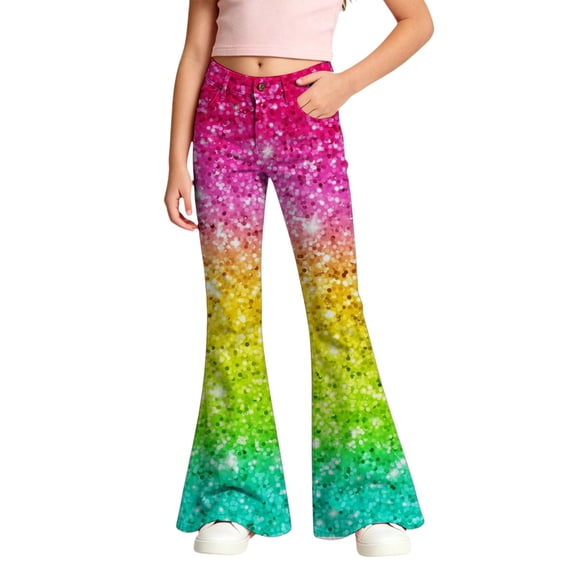 Girls Sequin Flared Pants, 3D All-Over Print Sparkly Bell-Bottoms with Zipper for Party 5-16Years