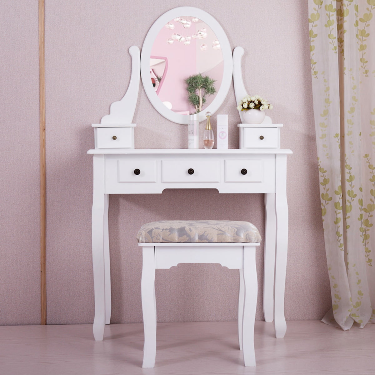 Details about   White Vanity Makeup Dressing Table Set with 3 Drawer Mirror & Stool Jewelry Desk 