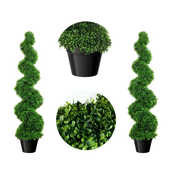 Artificial Boxwood Spiral Topiary Trees, Set of 2, 3 Ft Decorative Faux Plants, Fake Twisted Greenery with PE Leaves, All-Year Green Trees in Cement-Filled Plastic Pot for Outdoor, Balcony