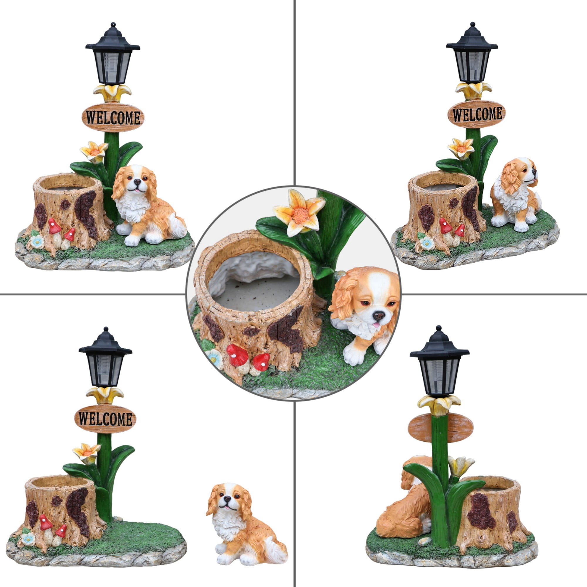 Sitting Dog Solar Lantern Planter Statue with LED Light, Brown Resin Flower Pot Decor, Garden Yard Patio Outdoor