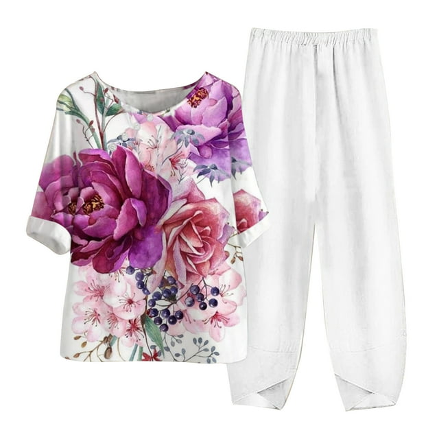Hauts à Manches 1/2 pour Femmes Ensemble Décontracté Col Rond Manches 5/4 et Pantalon Impression Numérique Deux Pièces