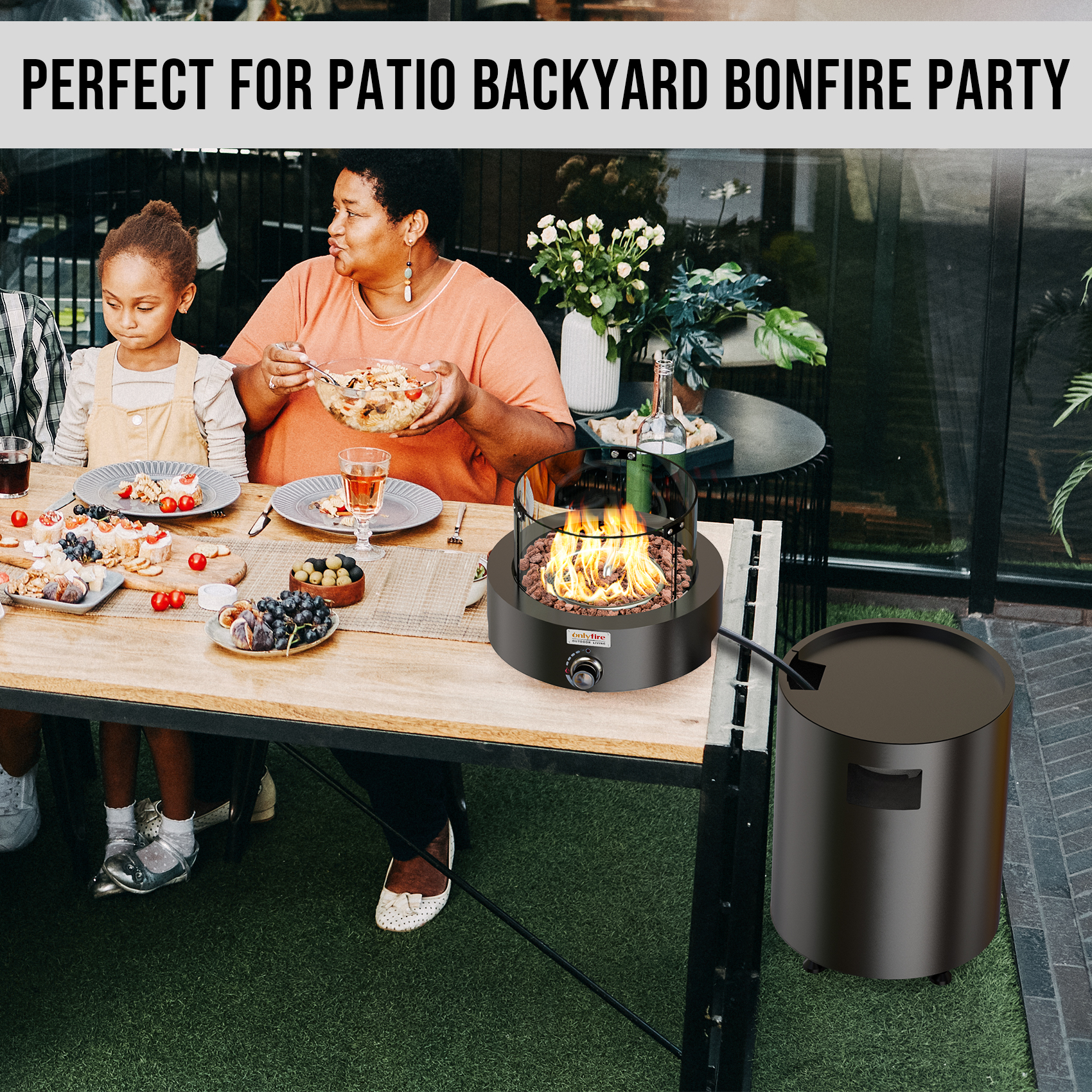 Onlyfire Premium Abnehmbare Gas-Feuerstelle Mit Glas-Windschutz Und Rädern – 24000 BTU, Für 9 Kg Propan-Tank, Inkl. Lavasteine, Für Terrasse Und Garten