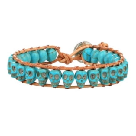 KELITCH New Turquoise Bracelets Skull Beaded Wrap Bracelet on Brown Leather Bracelets Handmade Jewelry