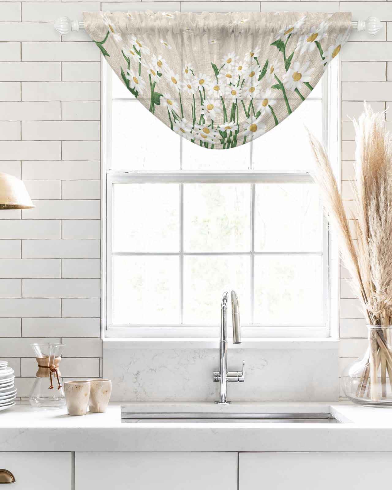 Waterfall Valances for Windows, Spring Floral Kitchen Sheer Valance Curtains, White Daisy Farmhouse Linen Texture Rod Pocket Elegant Swag Valances for Living Room Bedroom, 47.2"x38.5", 2 Panel