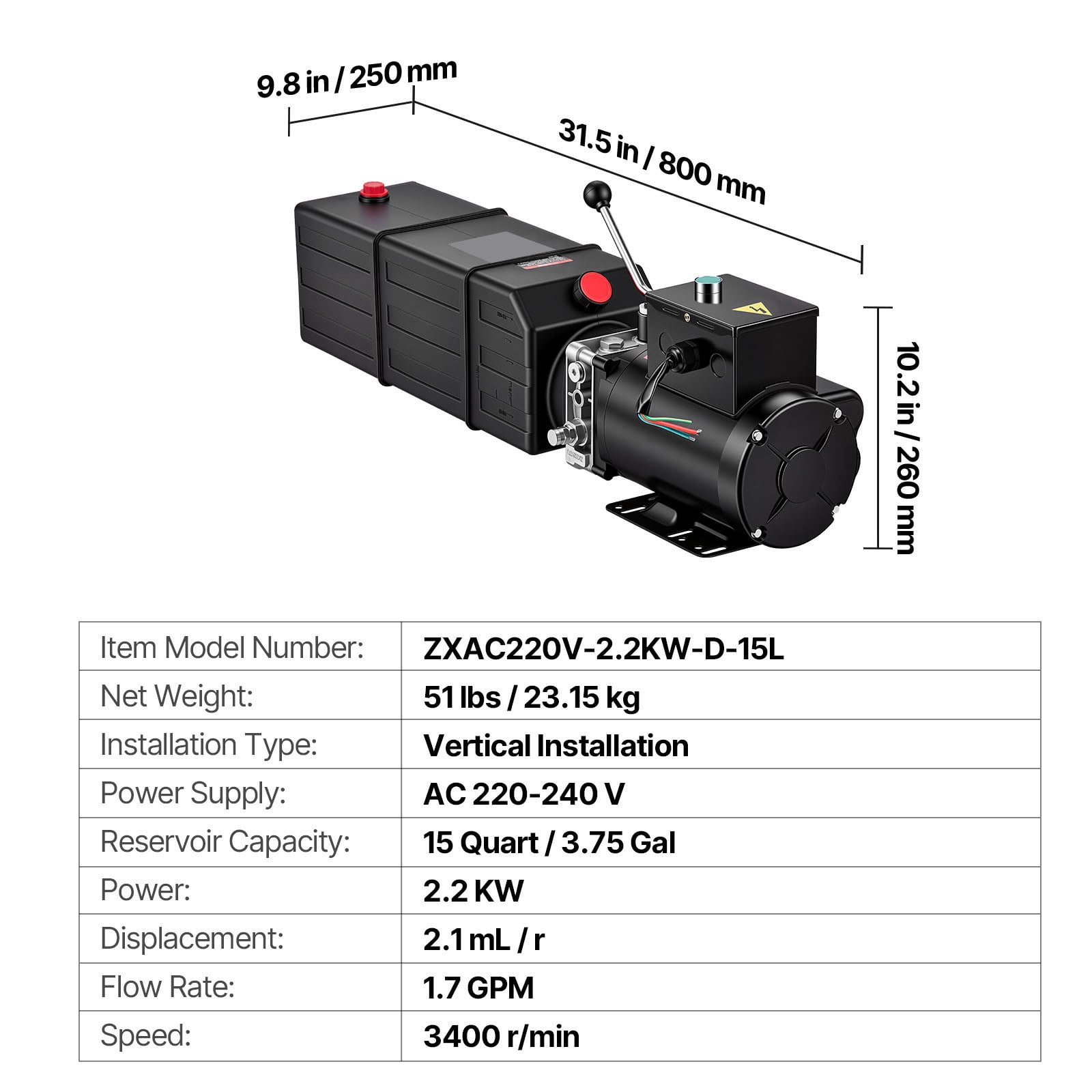 KFFKFF 15 Quart Hydraulic Pump, 2.2KW Single Acting Hydraulic Dump Trailer Pump, 3200 PSI Maximum Pressure, 1.7 GPM Flow Rate, AC220-240V Power Unit for Car Lift (Vertical Installation)