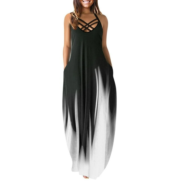 Maxi vestidos de mujer verano casual cuello en V sin mangas vacaciones playa bolsillos vestido largo Fridja hjkh6740