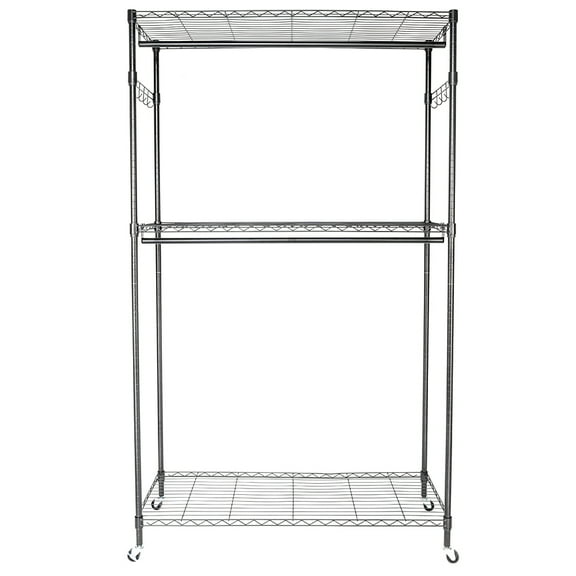 2 Tier Rod Closet Organizer Garment Rack Clothes Storage Hanger Shelf Hooks, Black