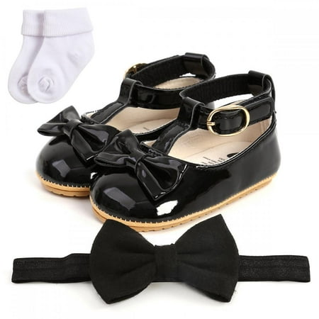 

Infant Baby Girls Mary Jane Flats Bow Non-slip Soft Sole Princess Toddler First Walkers PU Leather Wedding Dress Shoes + Hair Band+ Socks， 12-18 Months Toddler