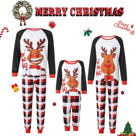 

Family Matching Christmas Pajamas Set Elk Print Plaid Raglan Tops Pants Xmas Holiday Loungewear Sleepwear Jammies Pjs Outfit