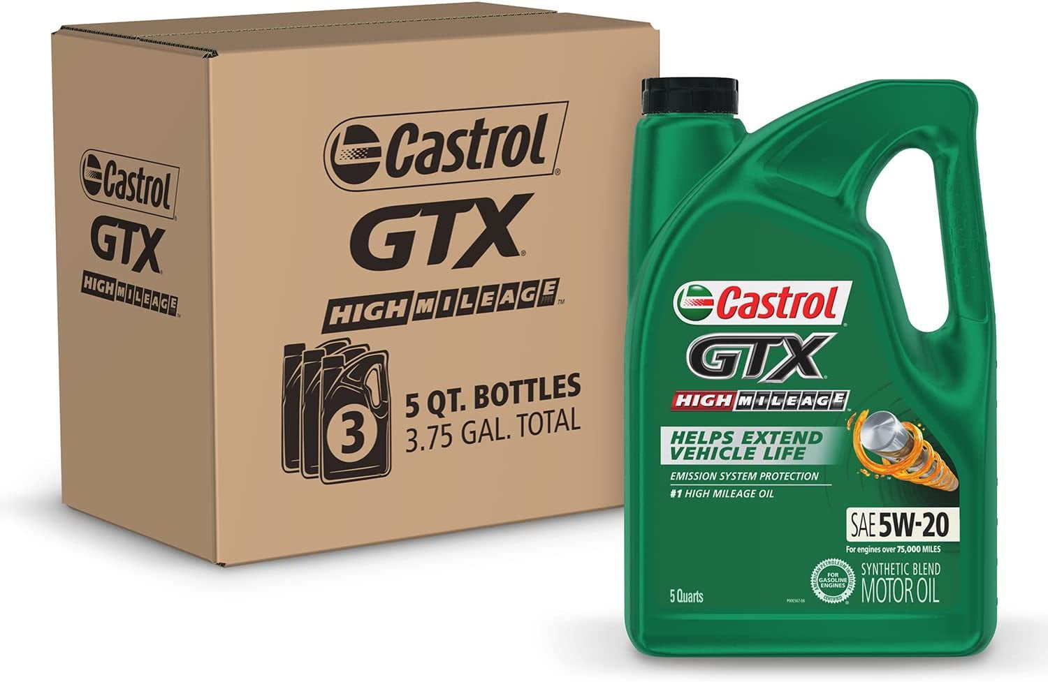 Castrol GTX High Mileage 5W-20 Synthetic Blend Motor Oil, 5 Quarts, Case of 3