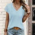 thumbnail image 4 of Scyoekwg Summer Tops for Women Short Sleeve V-Neck Lace Basic Tops Casual Loose Comfy Blouse Tshirt Going Out Tops Classic Solid Color T Shirt (Light Blue,XL), 4 of 5