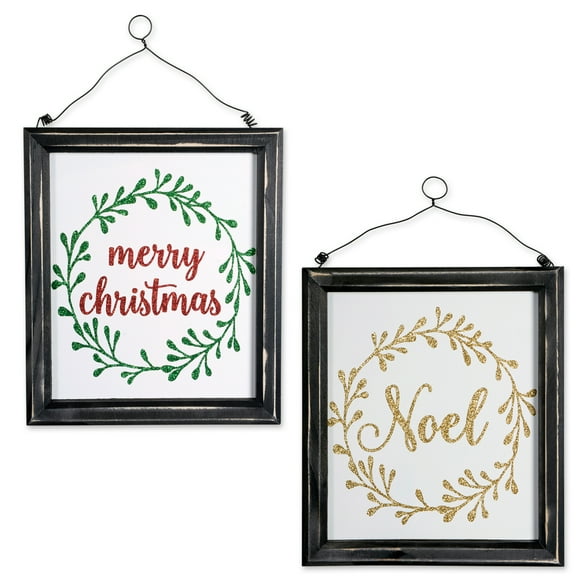 DII Indoor/Outdoor Hanging Noel & Merry Christmas Wooden Sign to Celebrate the Holidays, Wooden Wall & Door Decoration - Noel & Merry Christmas, Set of 2