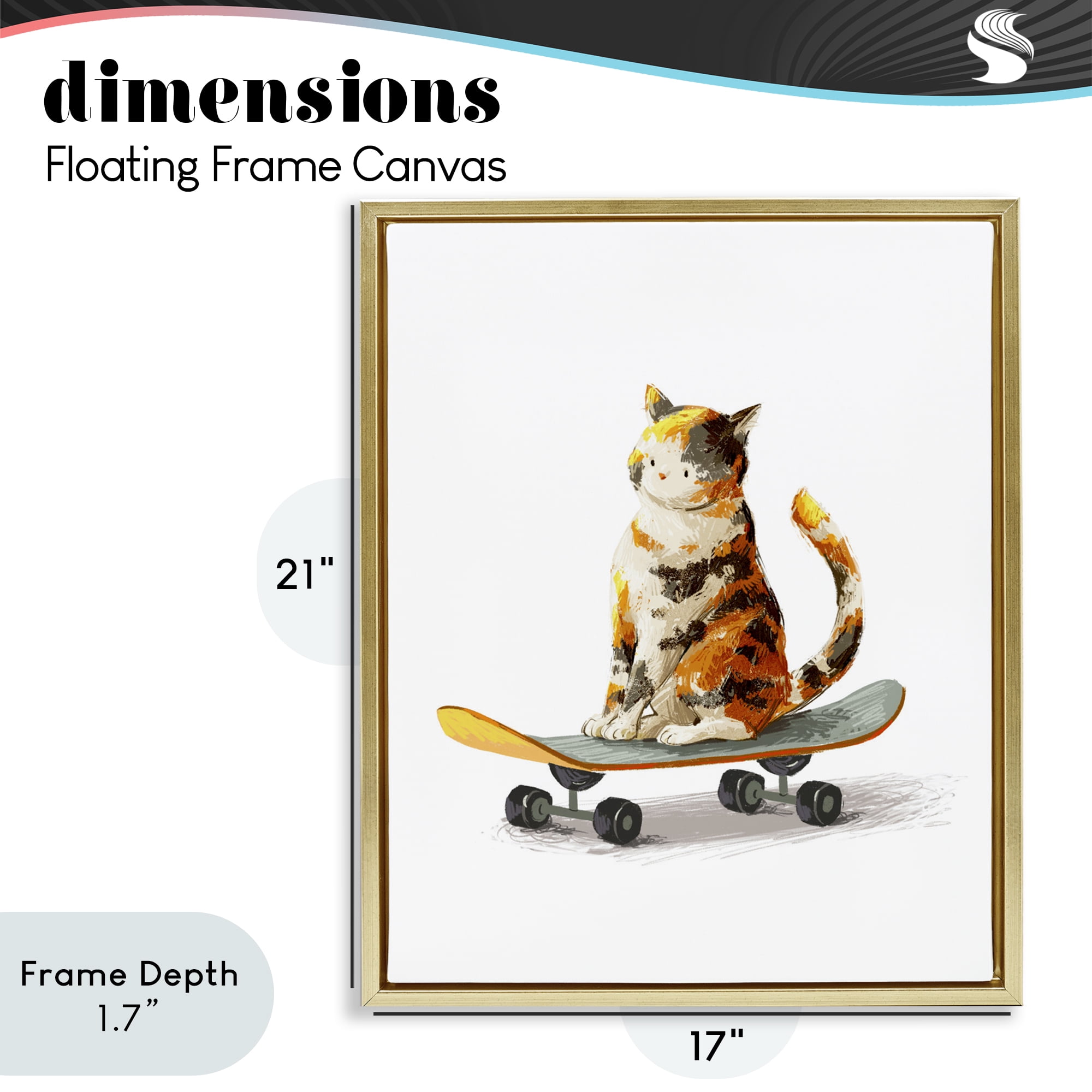 Stupell Industries Calico Cat on a Skateboard Gold Framed Floater Canvas Wall Art, design by Ziwei Li