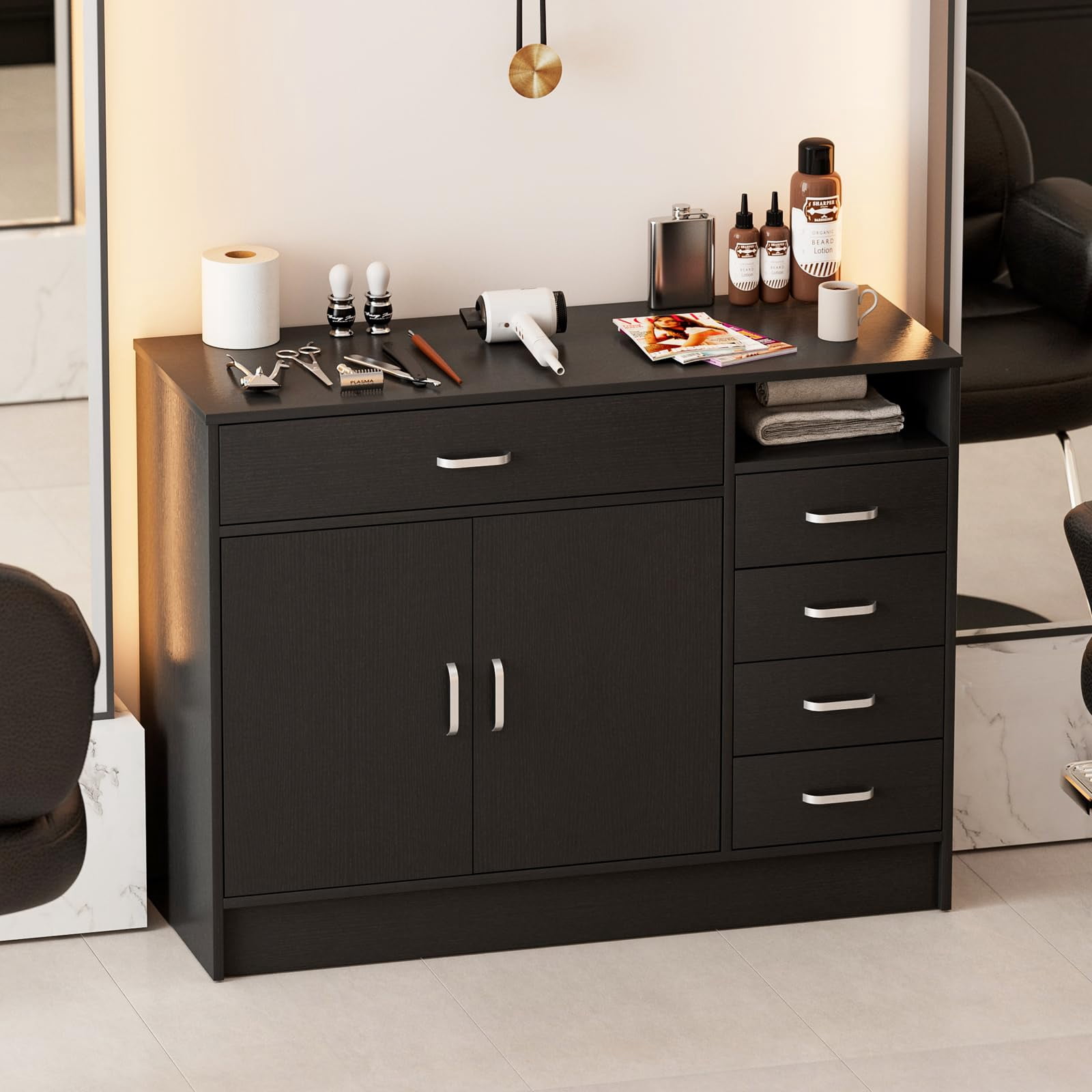 5-Drawers Salon Furniture Salon Storage Station, Free Standing Cabinet for Hair Stylist, Beauty Spa Furniture w/1 Large Capacity Cabinet & 1 Open Shelf, Spa Bathroom Equipment, Black