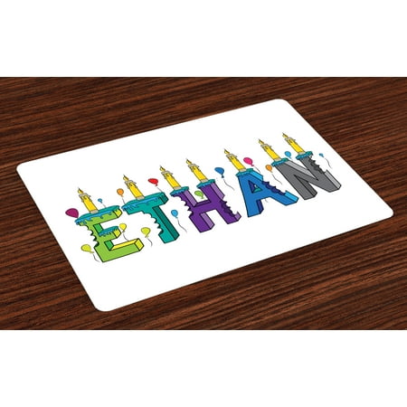 Birthday Cake Fabric - Ethan Placemats Set of 4 Celebration Themed Candles and Bitten Cake Popular Male Name Birthday Party Image, Washable Fabric Place Mats for Dining Room Kitchen Table Decor,Multicolor, by Ambesonne