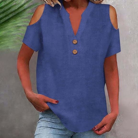BSDJILFG Off the Shoulder Tops for Women Summer Buttons V-Neck T-Shirt Casual Slim Fit Cotton Linen Work Blouses 2026