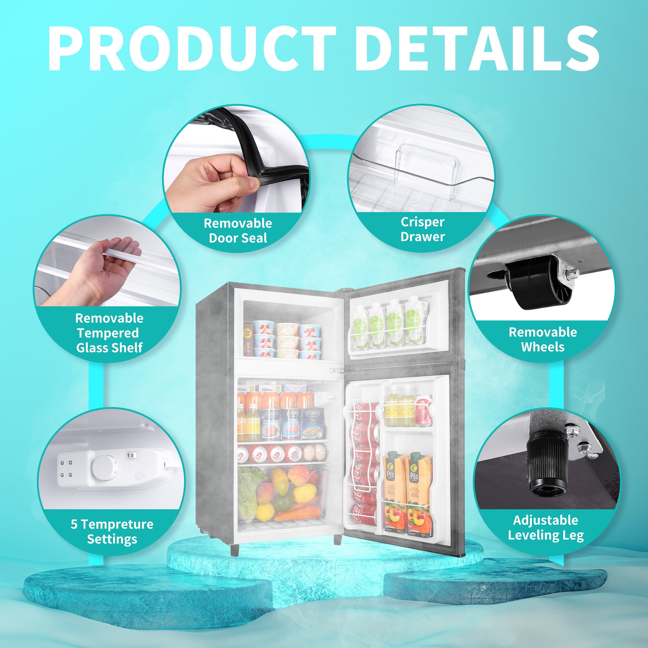 Compact Mini Fridge with Freezer, 3.5 Cu.Ft 2-Door Refrigerator – Ideal for Dorm, Office, Bedroom – 7 Temp Settings, Adjustable Shelves,Black