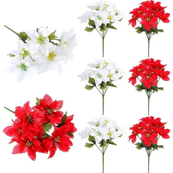 Nvzi 8 Pack 7 Heads Christmas Artificial Poinsettia Flowers Faux Poinsettia Bush Bouquets Silk Poinsettia Christmas Tree Ornaments Poinsettia Flowers Arrangement for Xmas Holiday Decor(Mulit)