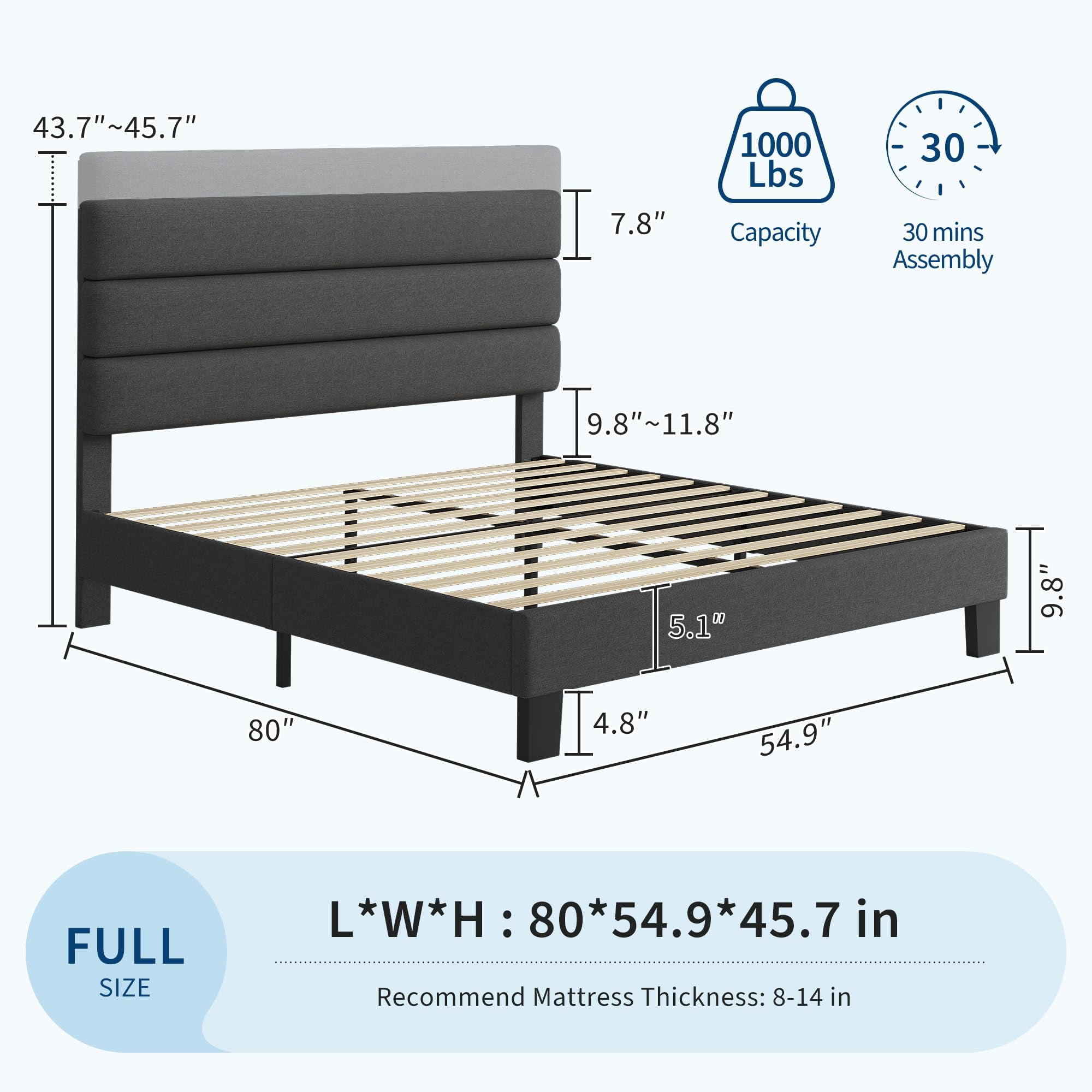 Danolapsi Full Size Bed Frame Platform Bed with Adjustable Headboard, Linen Fabric Upholstered and Wooden Slats Support, Heavy Duty Mattress Foundation, No Box Spring Needed, Easy Assembly