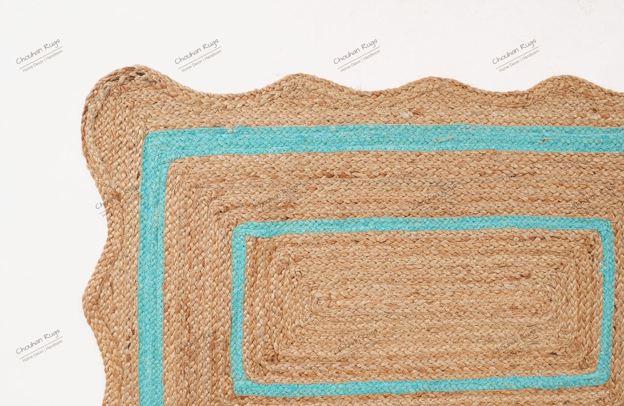 Rectangle Rug Area Rug Natural Fiber Jute Hand Braided Rug Cyan Color Scalloped Pattern Eco Friendly Rug