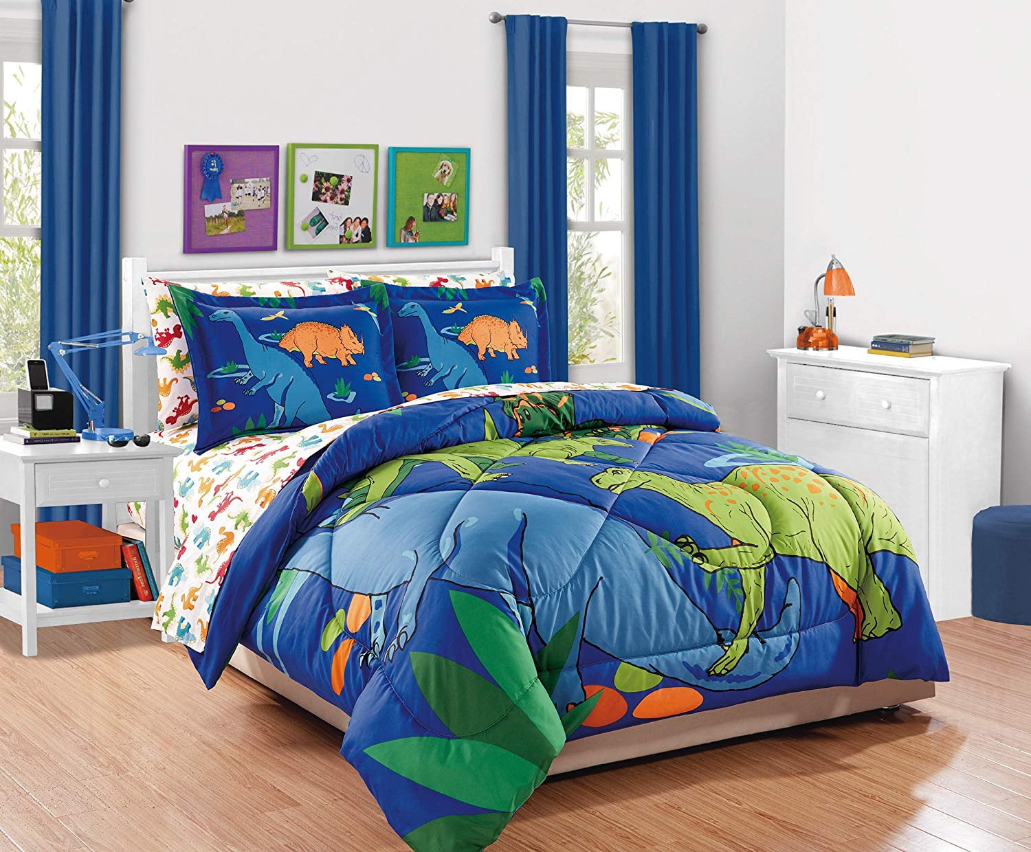 Fancy Linen 7pc Boys Queen Comforter Set, Dinosaur Theme, Blue Green