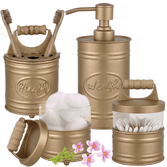 Autumn Alley Antique Gold Bathroom Accessories Set 4 - Farmhouse Soap Dispenser, Toothbrush Holder, 2 Apothecary Jars Qtip Holder - Gold Bathroom Decor – Rustic Farmhouse Bathroom Accessories