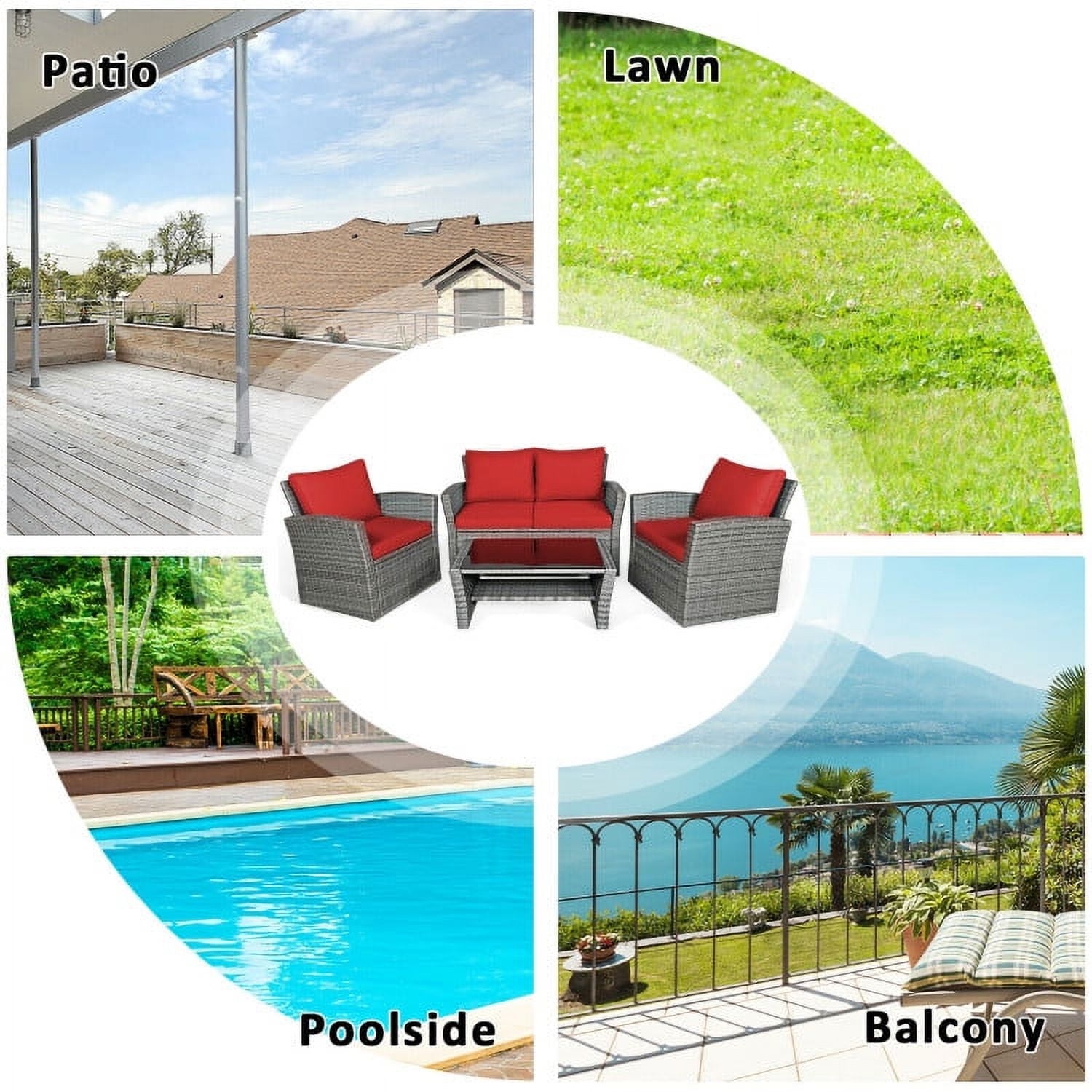 Aimee Lii 4 Pieces Wicker Patio Furniture Set Sofa Table with Storage Shelf Cushion, Modern Patio Furniture, Red Aimee Lii 4 Pieces Wicker Patio Furniture Set Sofa Table with Storage Shelf Cushion, Modern Patio Furniture, Red