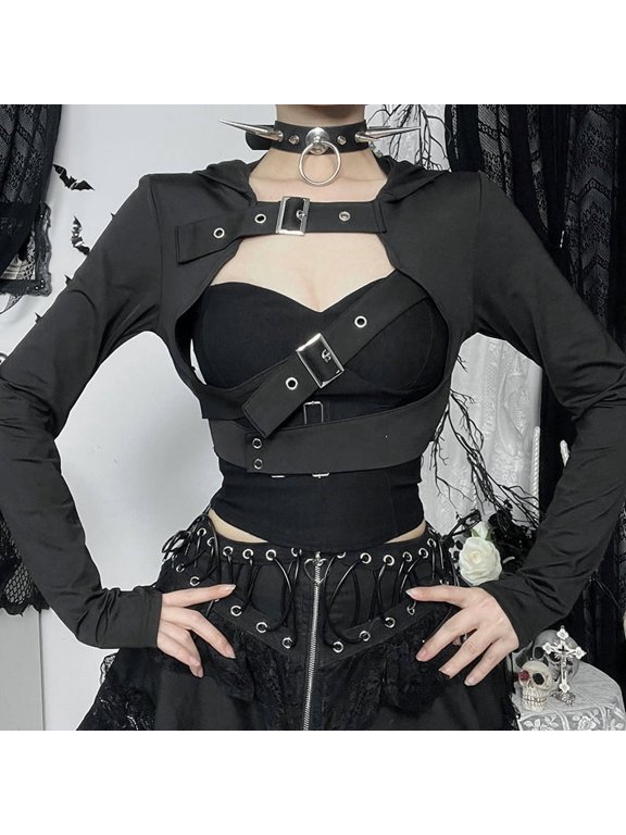 Harajuku Gothic Jackets Women Streetwear Cyber Punk Grunge Hollow Out Long Sleeve Hooded Crop Coats Vintage Rave Outfits