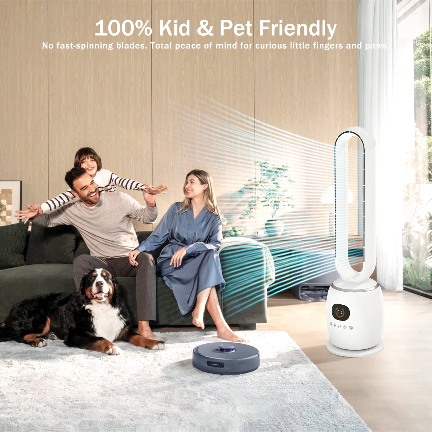 34in Bladeless Tower Fan with 60°Oscillating, 3 Speeds & 3 Modes Standing Floor Fan Equipped Remote Control, 12H Timer for Indoor Room Use