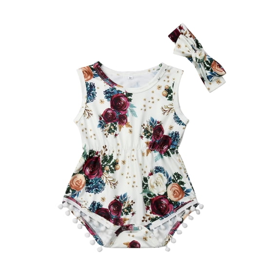 Kiapeise Girl's Rose Printed Romper Set, Sleeveless Bodysuit with Bow Headband