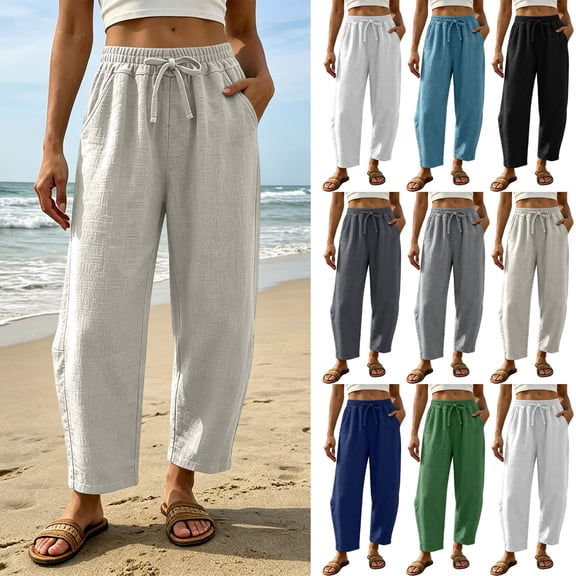 SwiftWear Women's Casual Loose Fit Cotton Cropped Barrel Pants High Waisted Drawstring Elastic Waistband with Pockets Ankle Length Trousers for Summer Daily Wear, Green