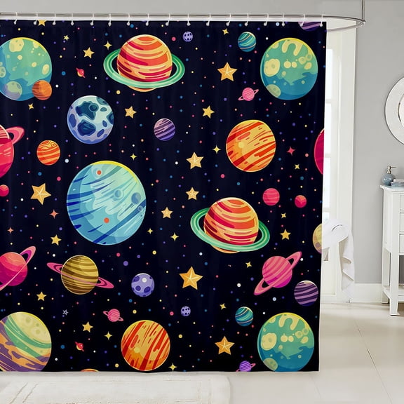 Manfei Cute Cartoon Space Planets Shower Curtain 72Wx72L,Celestial Stars Bathroom Curtain,Black