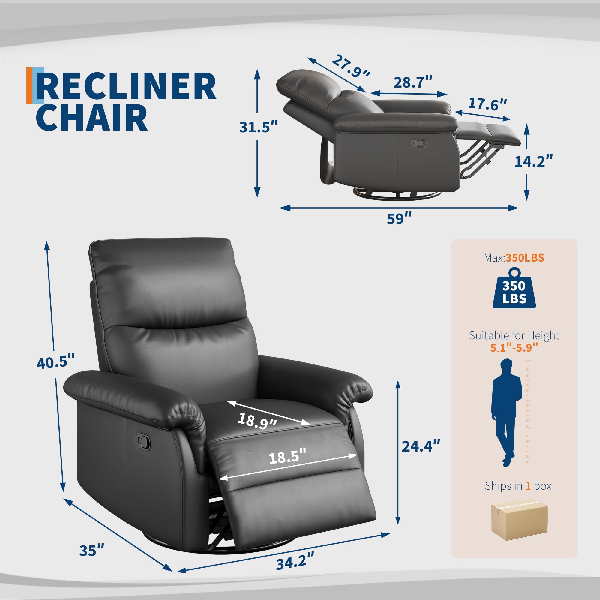 Soonbuy Swivel Rocking Nursery Recliner Chair, Rocker Recliner Glider Deep Seat, PU Leather Sofa Chair with high Backrest for Nursery, Living Room, Bedroom & Home Movie Theater, Orange/Black