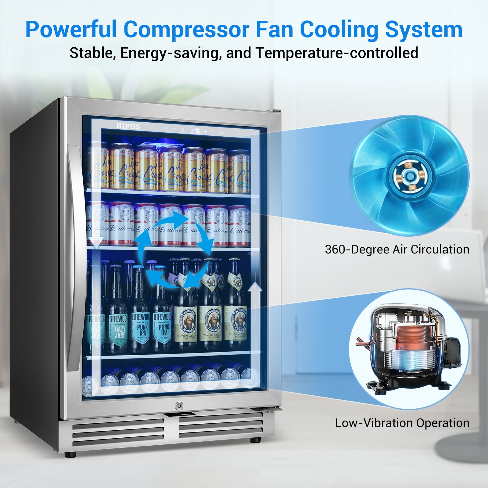 Nipus 24 Inch Beverage Refrigerator Cooler,190 Cans,Built-In ,Under Counter Soda Beer Cooler with Glass Door,For Home Kitchen Bar Office
