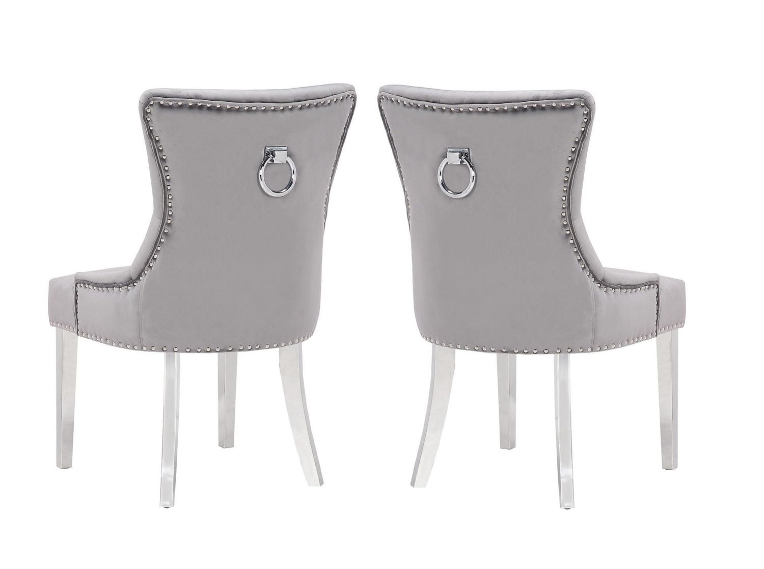 Chaise Eudora en Gris, chaise de salle à manger avec garniture cloutée, chaise de salle à manger en velours, chaise de salle à manger avec pieds en acier inoxydable pour cuisine et salon - Ensemble 2