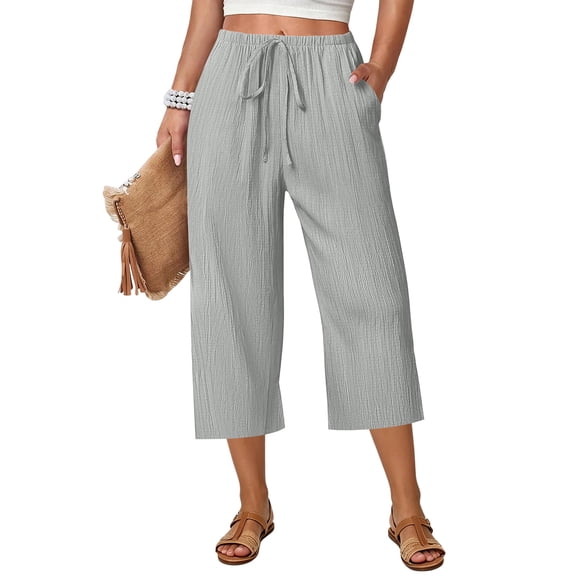 Gaukiv Womens Crinkle Capri Pants Relaxed Drawstring Wide Leg Crop Light Gray L