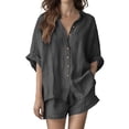 thumbnail image 2 of Neewe Women's Linen Shorts Sets 2 Piece Summer Short Sleeve Top and Shorts Sweatsuit Set Daily Outfits, 2 of 8