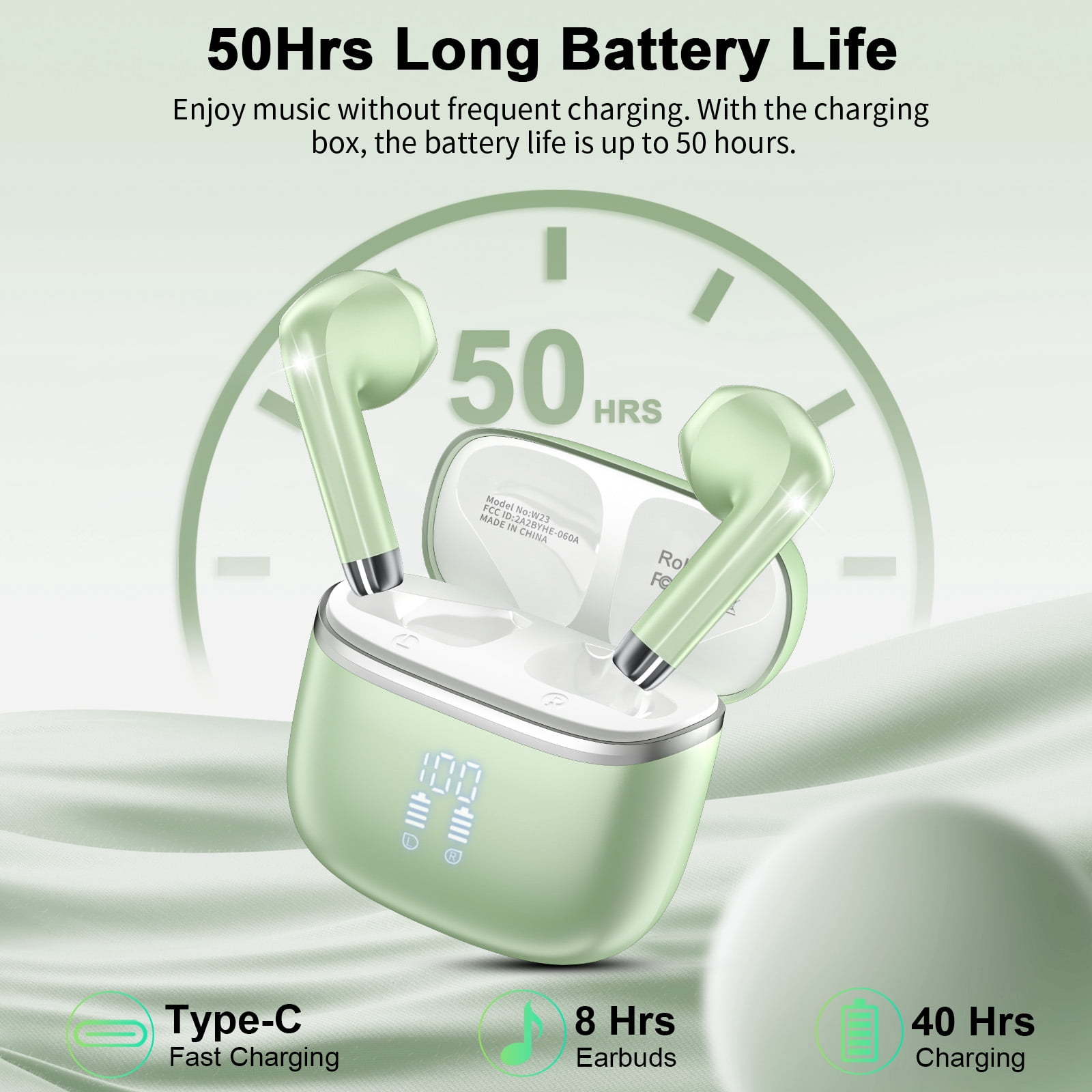 Wireless Bluetooth Earbuds Noise Cancelling in Ear Buds Deep Bass Stereo, 50H Playtime with Mics, LED Display, IPX7 Waterproof Earphones for iphone Android Laptop, Green thumbnail 4