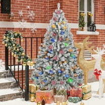 6FT Christmas trees,Pre-Lit Snow Flocked Hinged Artificial Christmas Tree with 602 Branch Tips、200 Lights＆8 Lighting Modes