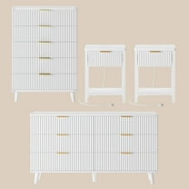 Laintene Boho Bedroom Set of 4 - 6 Drawer Dresser, 5 Drawer Vertical Dresser & 2 Nightstands with Drawer & USB Charging, Fluted Wooden Storage for Modern Bedroom, White