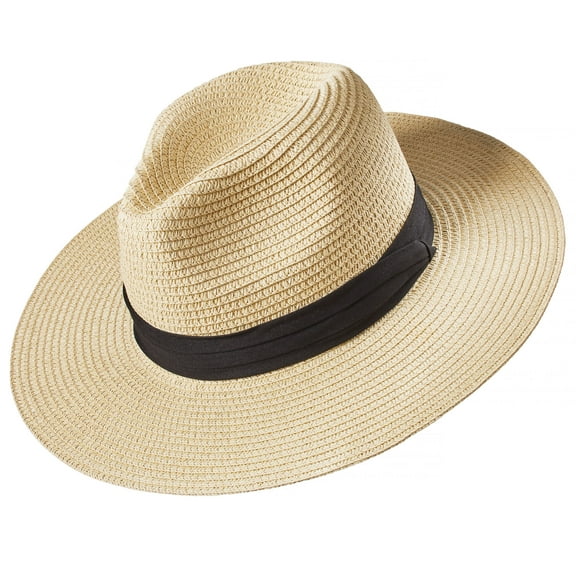 Green Sky Deluxe Wide Brim Straw Panama Hat, Roll Up Fedora Beach Sun Hat UPF50 , Color Choice, Adjustable Hats for Women (Classic Beige)