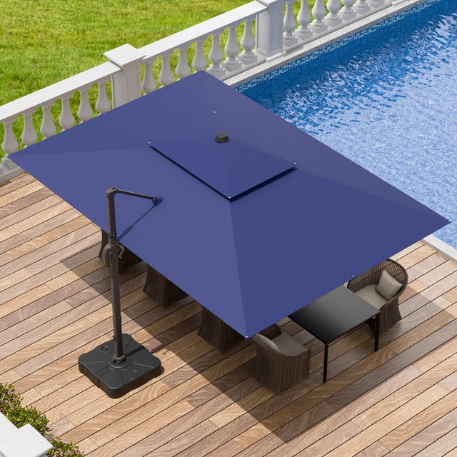 9x12FT Navy Cantilever Outdoor Patio Umbrella with Base, Large Rectangular Offset Design, Double Top Heavy Duty Aluminum Frame & 360° Rotation for Pool Garden Deck Backyard