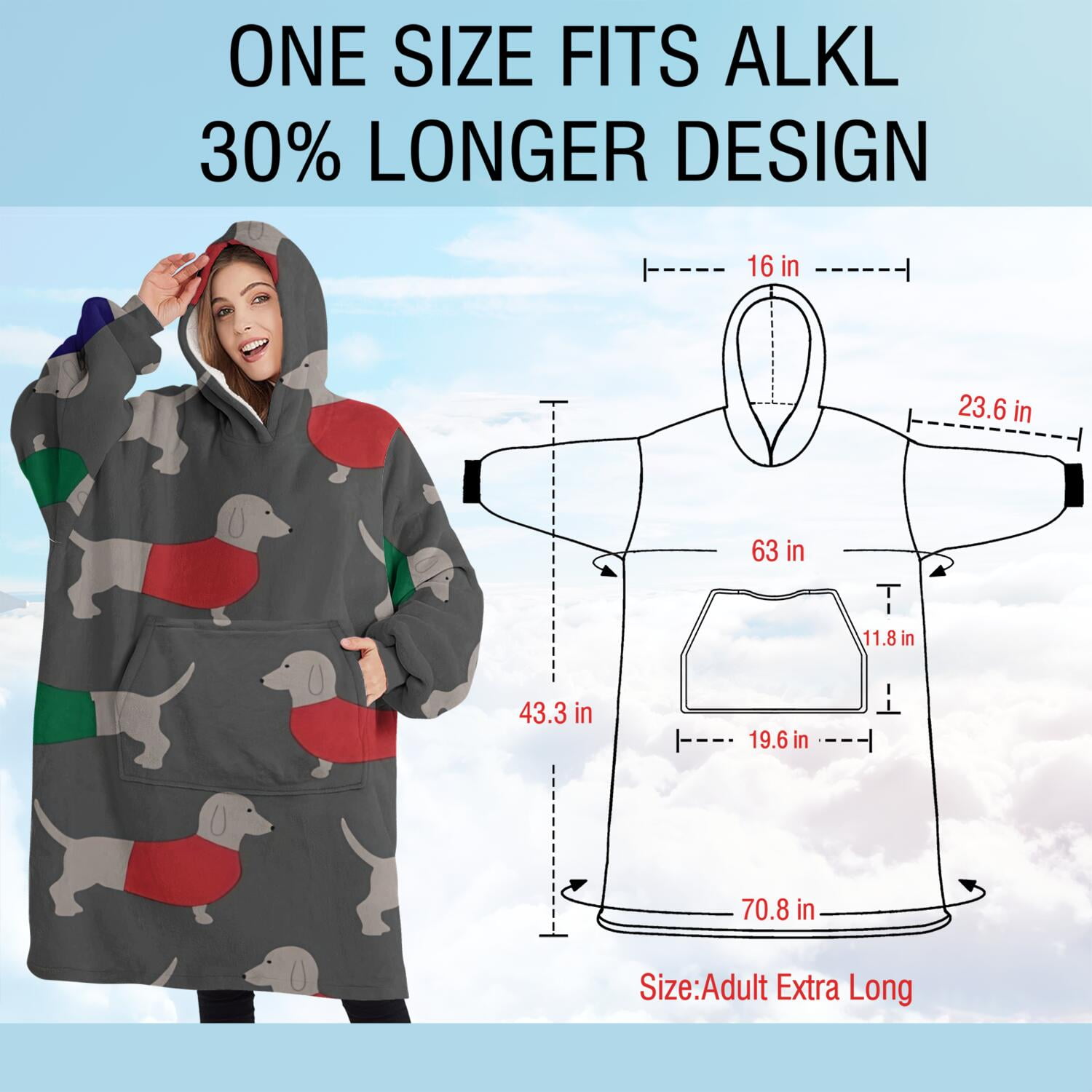 Oversized Wearable Blanket Hoodie,Dachshund Footprint Sherpa Blanket Hoodie with Super Pockets,Super Warm Fuzzy Pullover for Women & Men