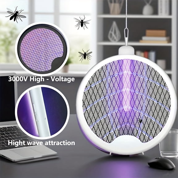 Electric Fly Swatter Racket, 2in 1 Foldable Fly Swatter, with USB Rechargeable, Purple Light And 3-Layer Safety Mesh for Indoor Home Office