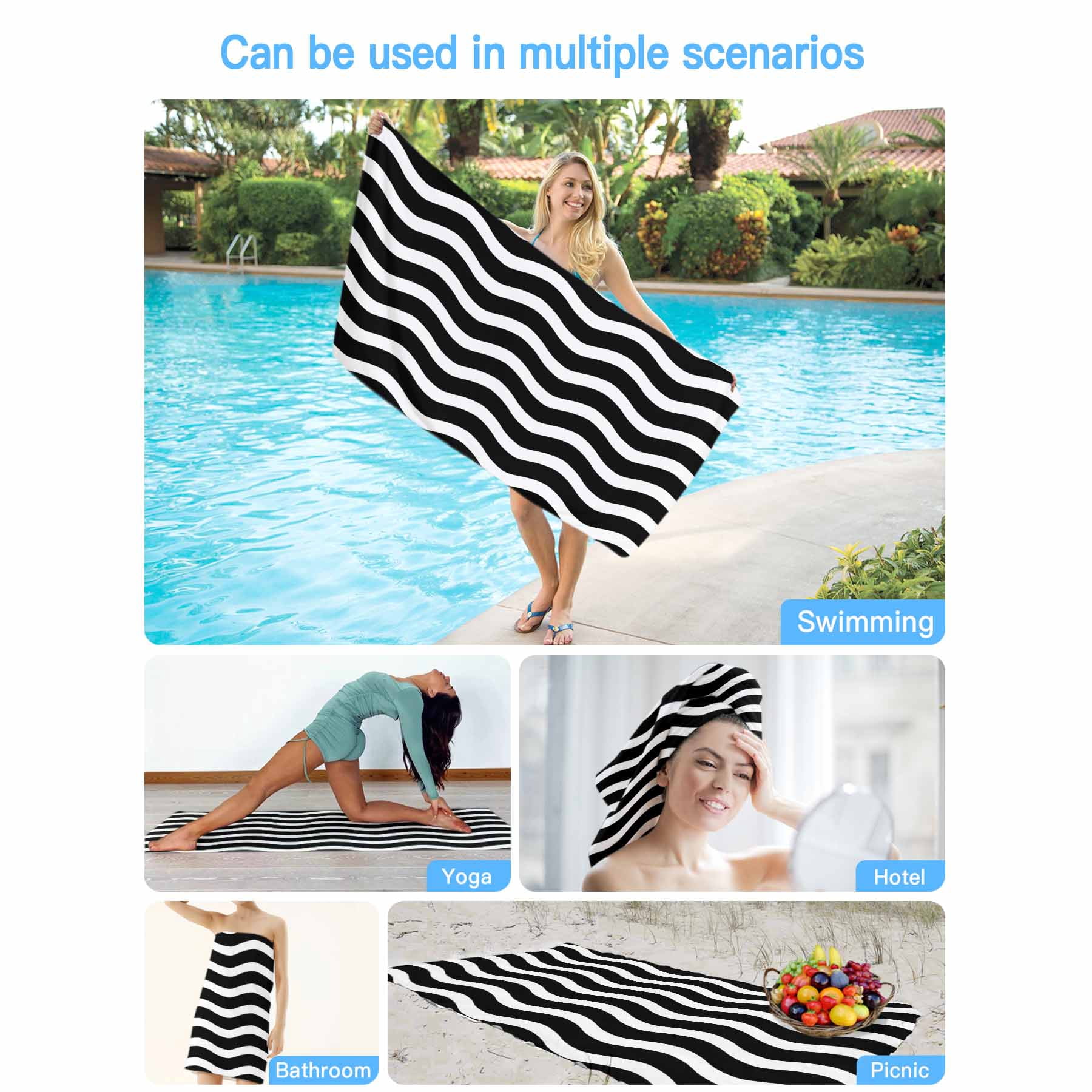 Geometric Striped Pattern Beach Towels Blanket Soft&Absorbent Quick Dry Microfiber Black and White Wave Pattern Pool Towels for Swimming ,Yoga, Sports, Gym, Camping,Large 35X70in,